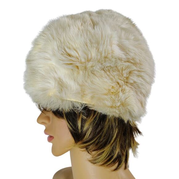 1950s Cream Real Rabbit Fur Tall Pillbox Cossack Russian Winter Hat - Picture 5 of 10